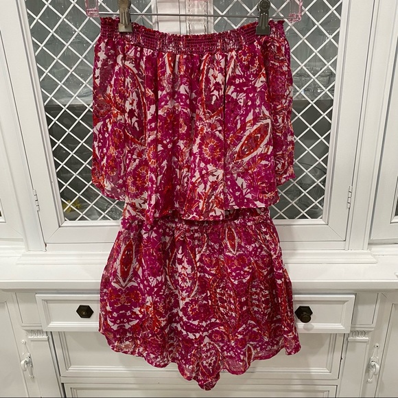 Show Me Your Mumu Rosarita Romper Pink Floral Off the Shoulder Sz XS Romantic - Picture 4 of 9